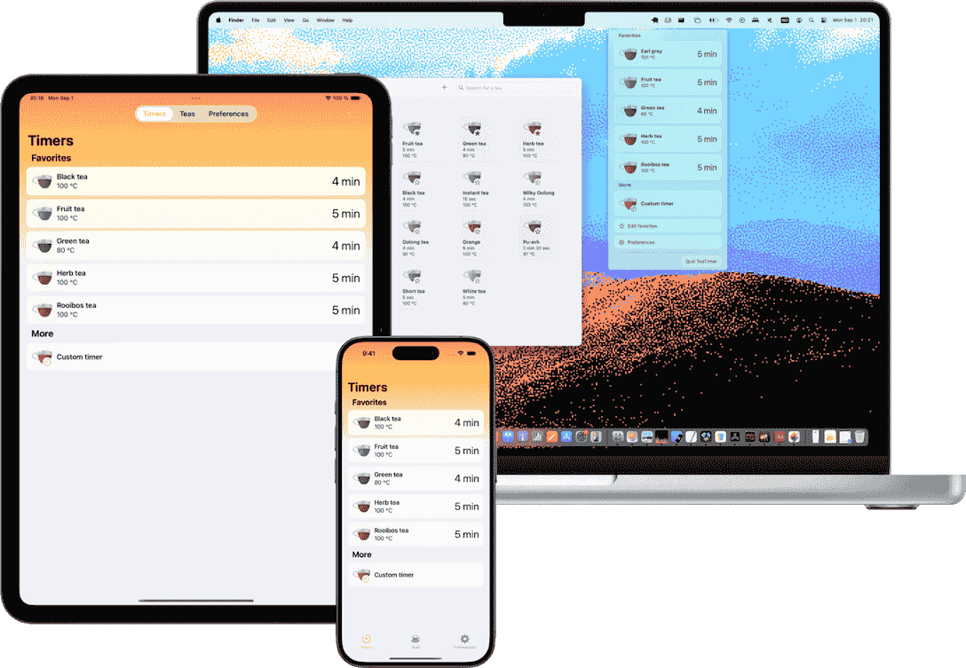 Mac, iPad and iPhone all showing Theanine with a list of teas