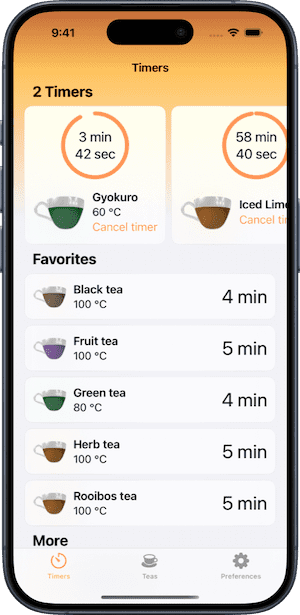 Theanine with two timers running and a list of favorite teas