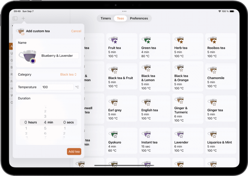 A list of teas with a popup form filled with details for creating a Blueberry lavender tea