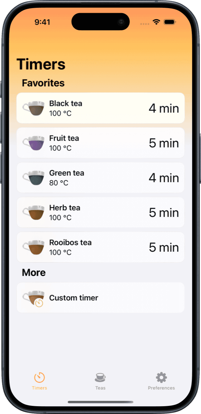 Theanine app showing a list of teas